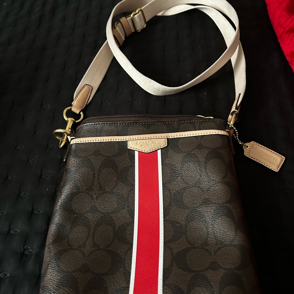 Coach Signature Crossbody Bag with Red Stripe